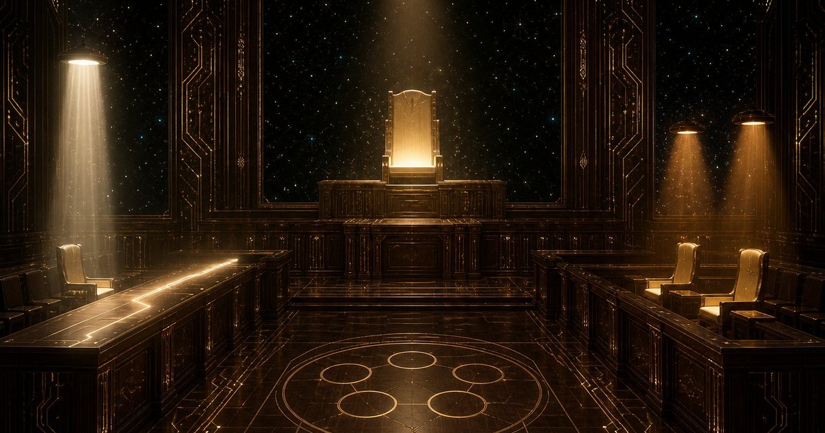 A dark virtual courtroom with gold patterns and a circular emblem